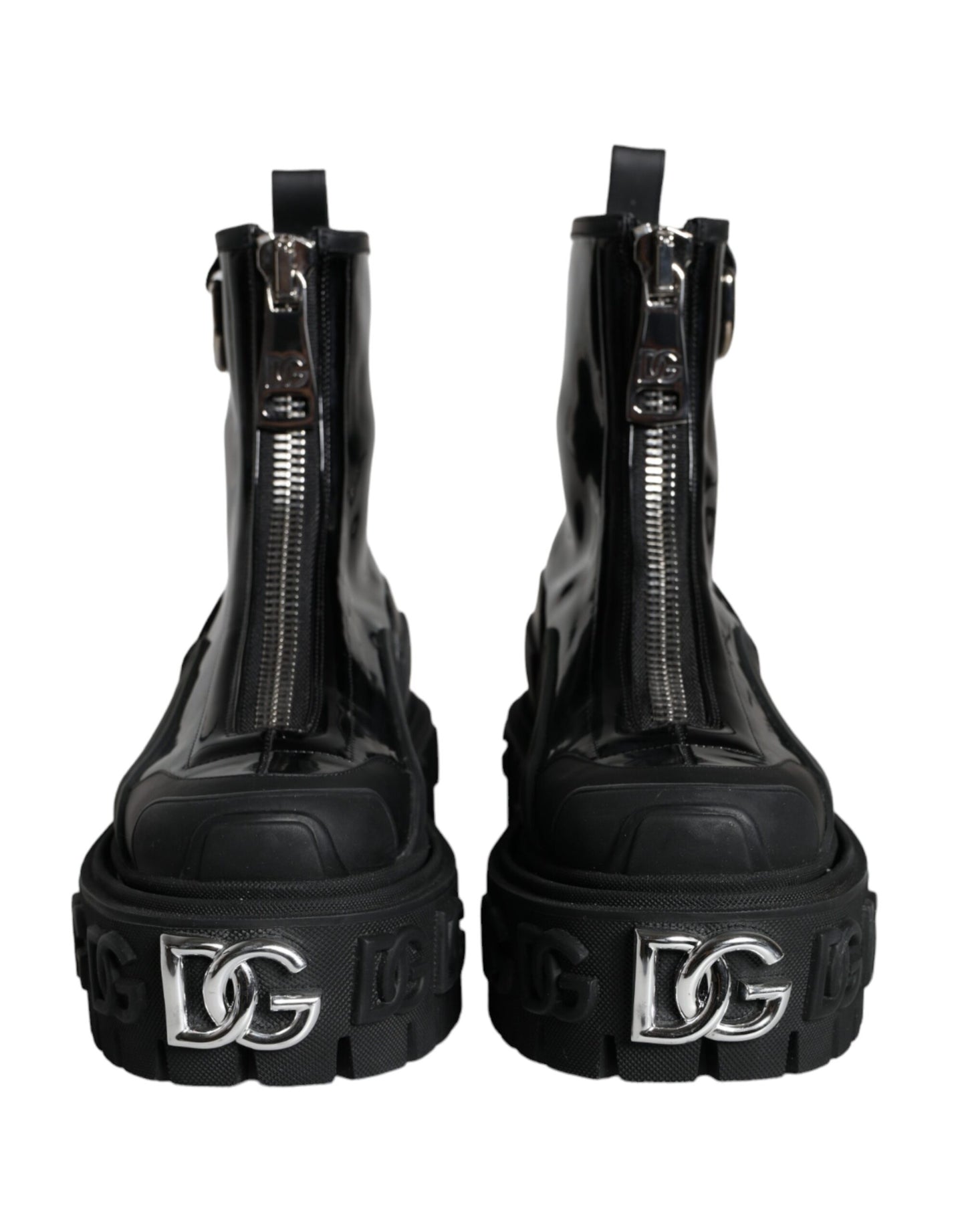 Dolce & Gabbana Schwarze Leder Gummistiefel Logo Schuhe