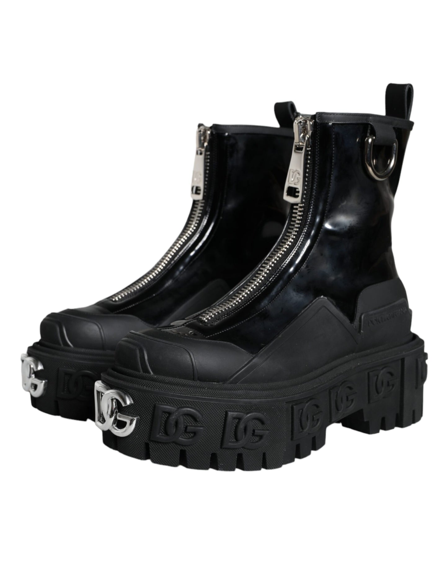 Dolce & Gabbana Schwarze Leder Gummistiefel Logo Schuhe