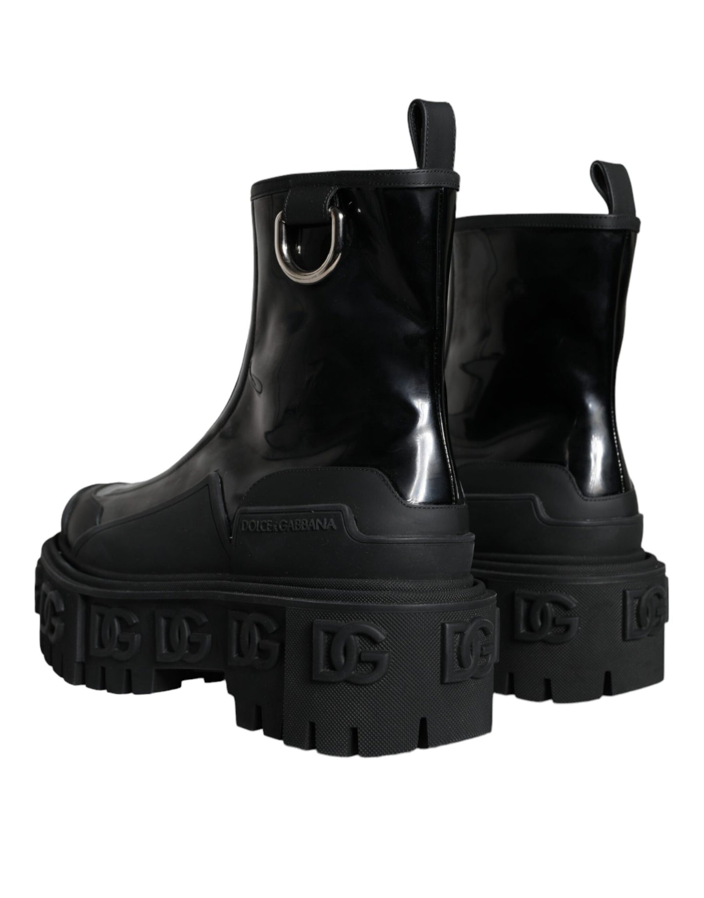 Dolce & Gabbana Schwarze Leder Gummistiefel Logo Schuhe