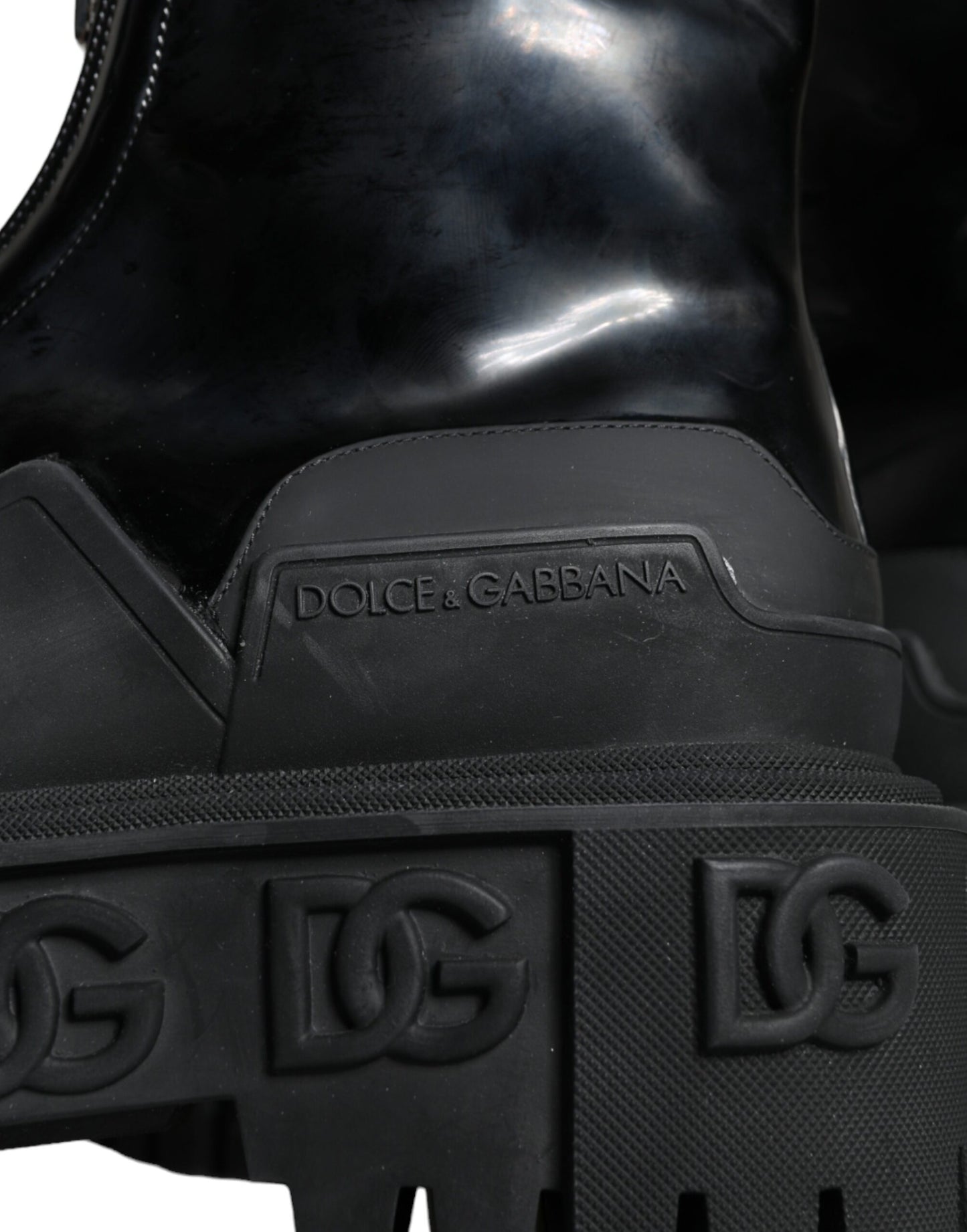 Dolce & Gabbana Schwarze Leder Gummistiefel Logo Schuhe