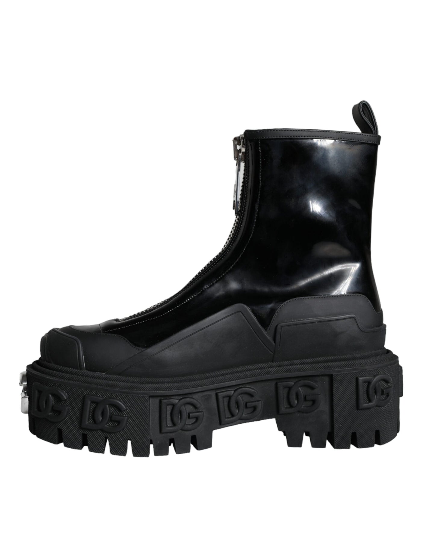 Dolce & Gabbana Schwarze Leder Gummistiefel Logo Schuhe