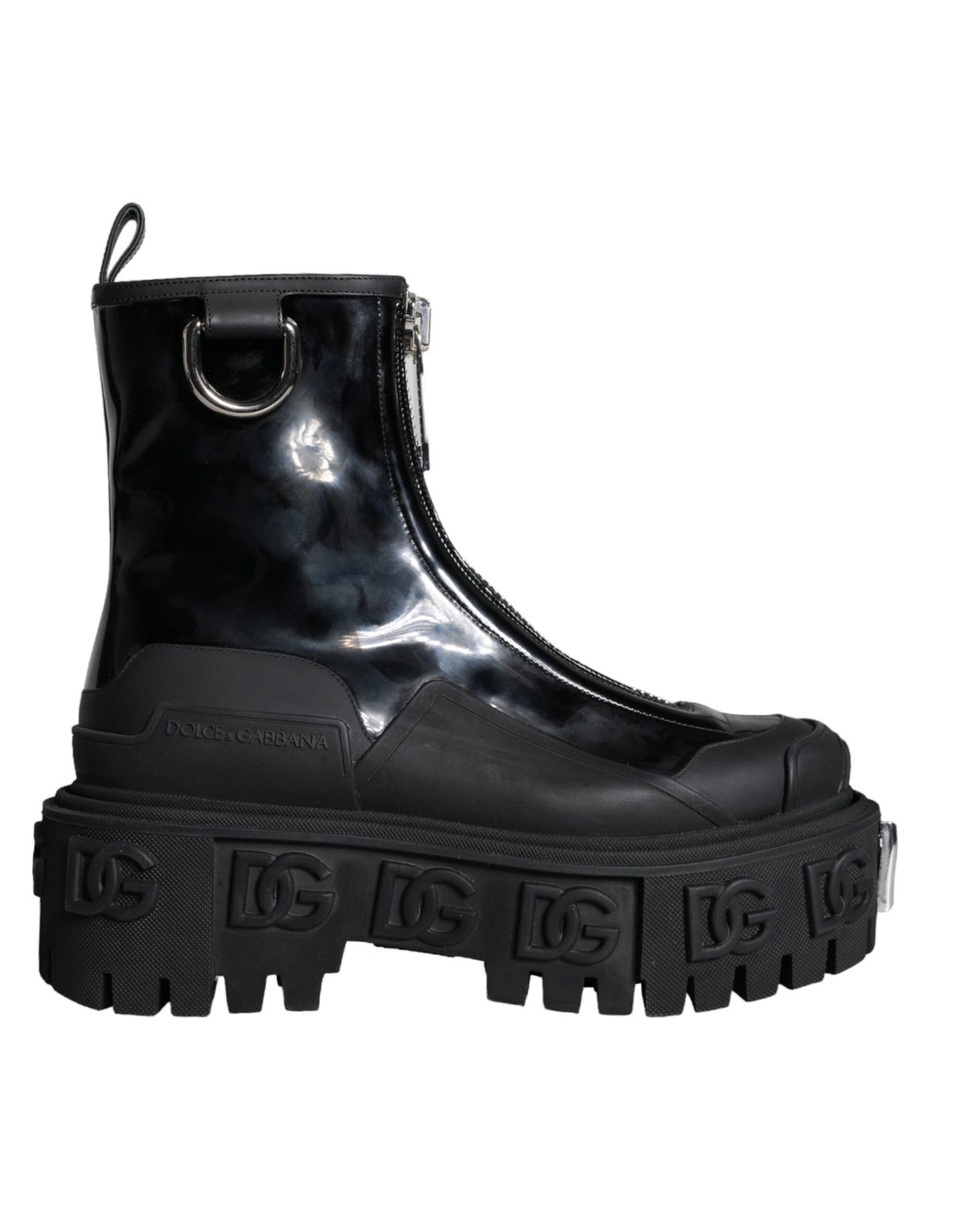 Dolce & Gabbana Schwarze Leder Gummistiefel Logo Schuhe