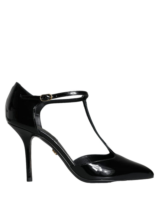 Dolce & Gabbana Schwarze Leder T-Riemen Stiletto High Heels Schuhe