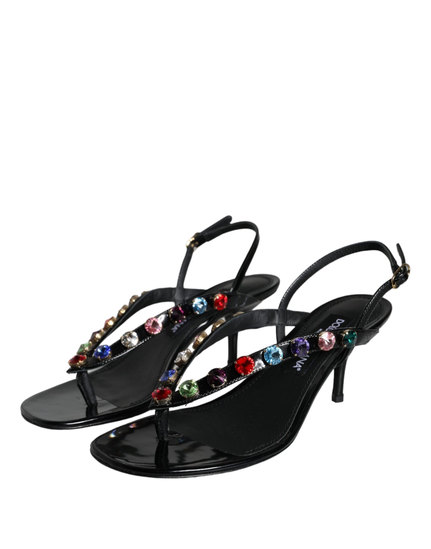 Dolce & Gabbana Schwarzes Leder Kristall Slingback Sandalen Schuhe