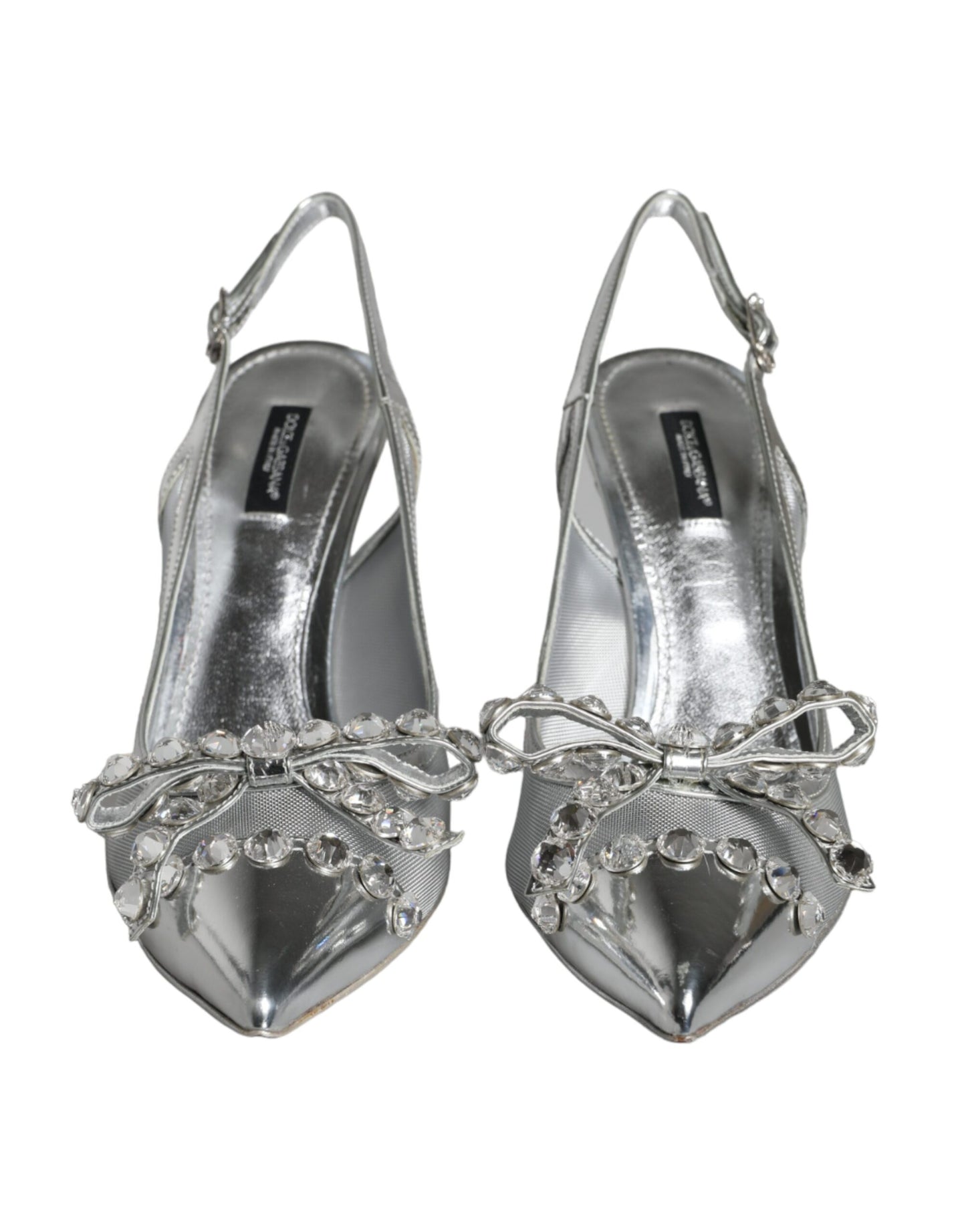 Dolce & Gabbana Silberne, kristallverzierte Slingback-Schuhe aus Mesh