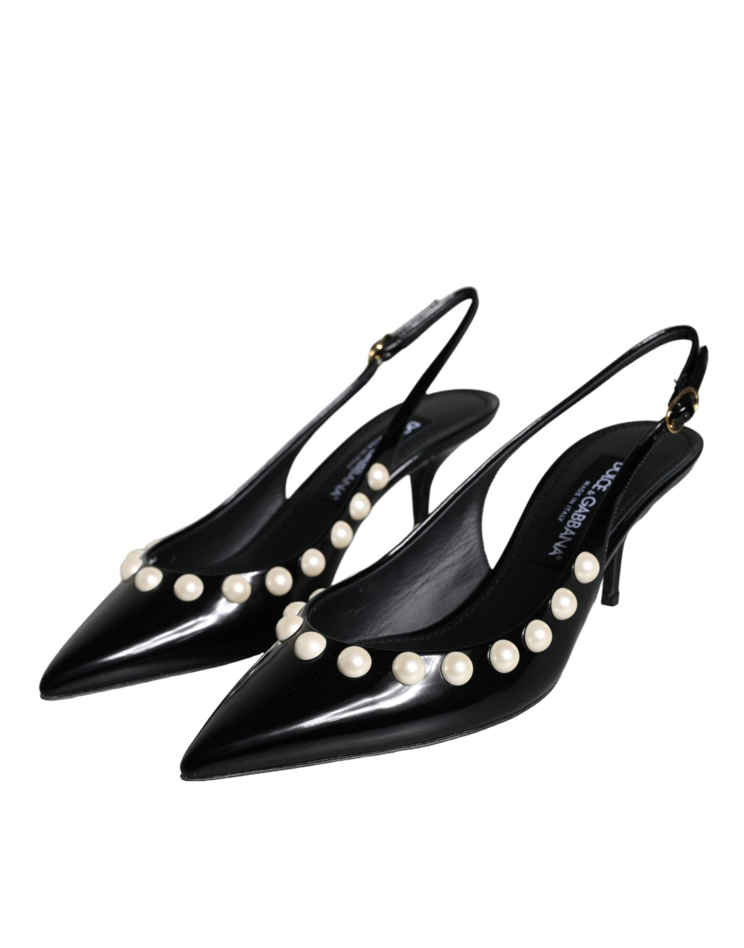 Dolce & Gabbana Schwarze Leder Faux Perle Ferse Slingback Schuhe