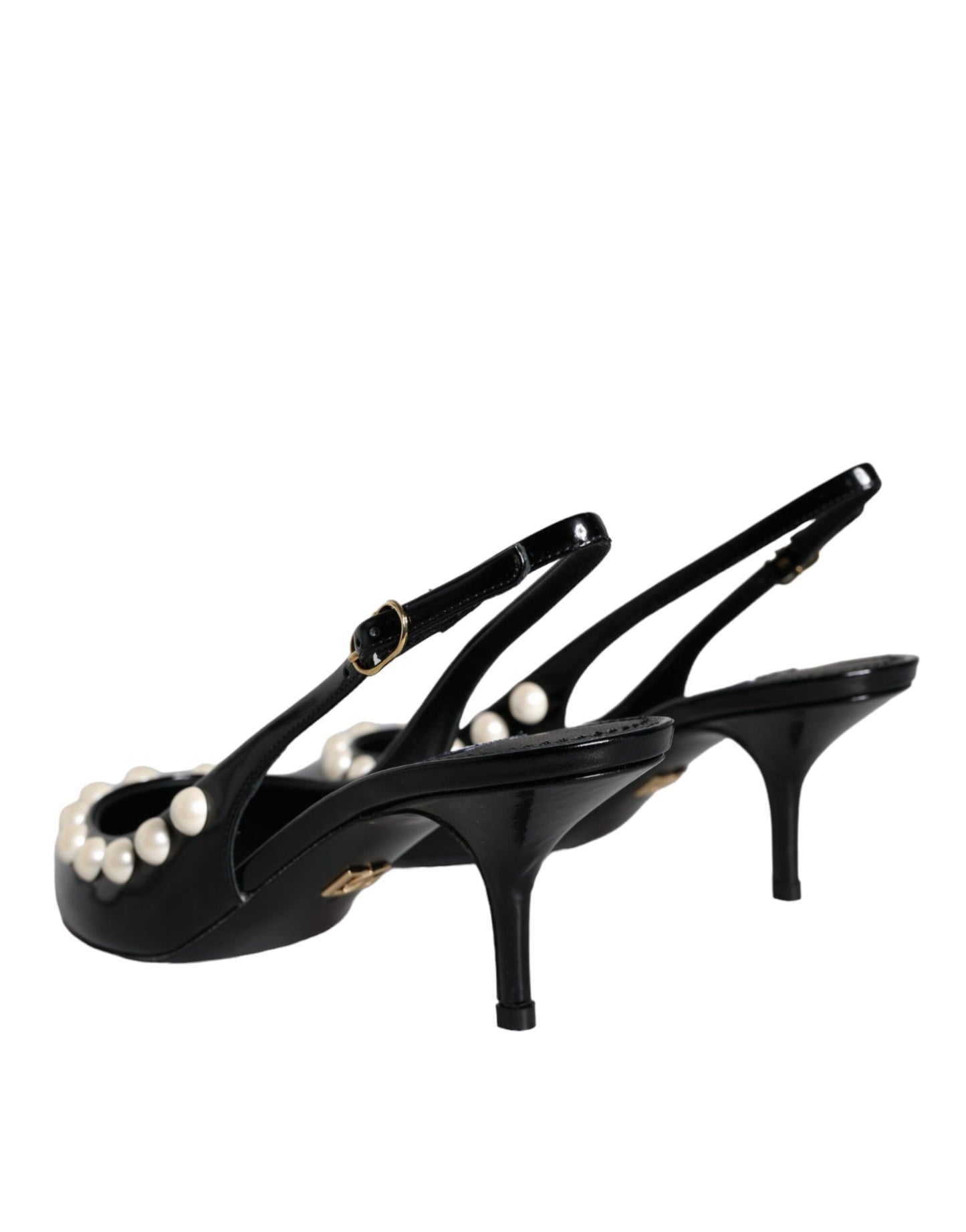 Dolce & Gabbana Schwarze Leder Faux Perle Ferse Slingback Schuhe