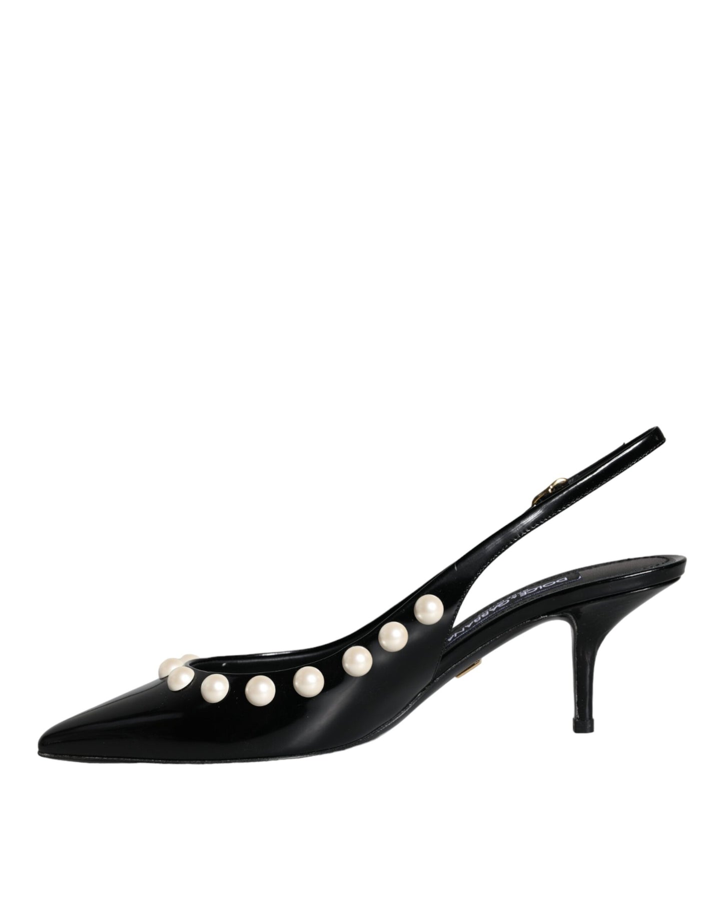 Dolce & Gabbana Schwarze Leder Faux Perle Ferse Slingback Schuhe