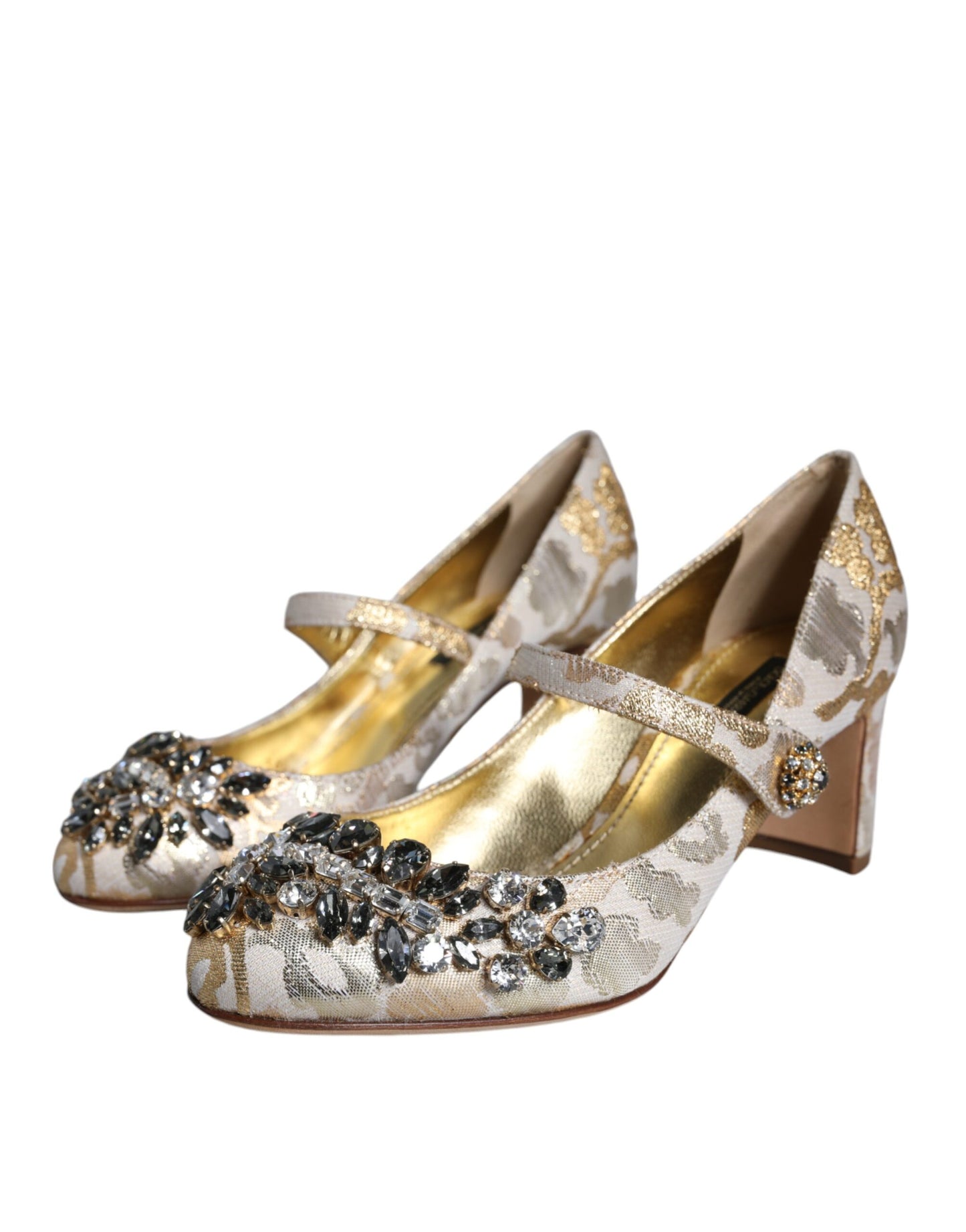 Dolce & Gabbana Gold Jacquard Crystal Mary Janes Pumps Shoes