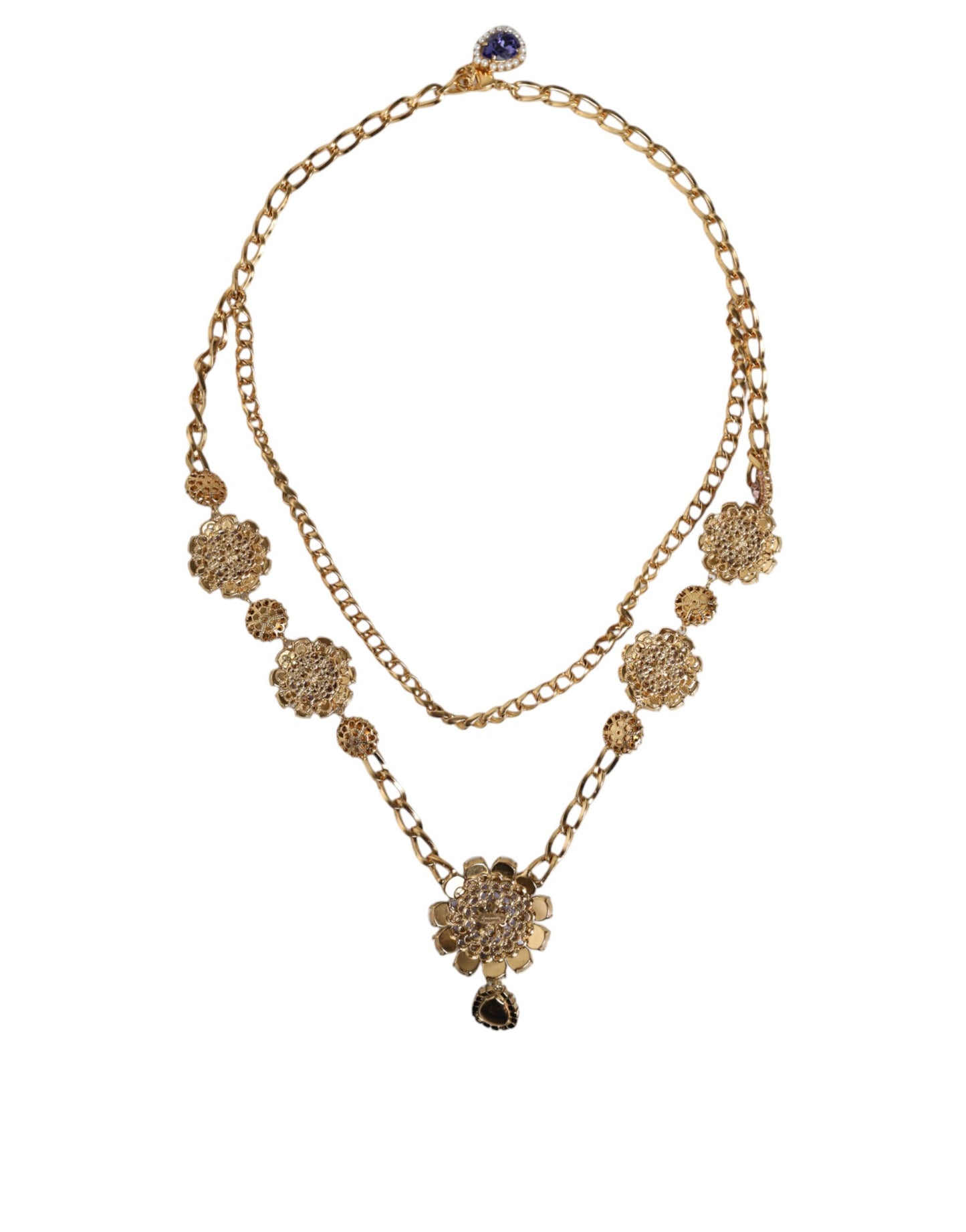 Dolce & Gabbana Gold Tone Floral Crystals Embellished Layered Necklace