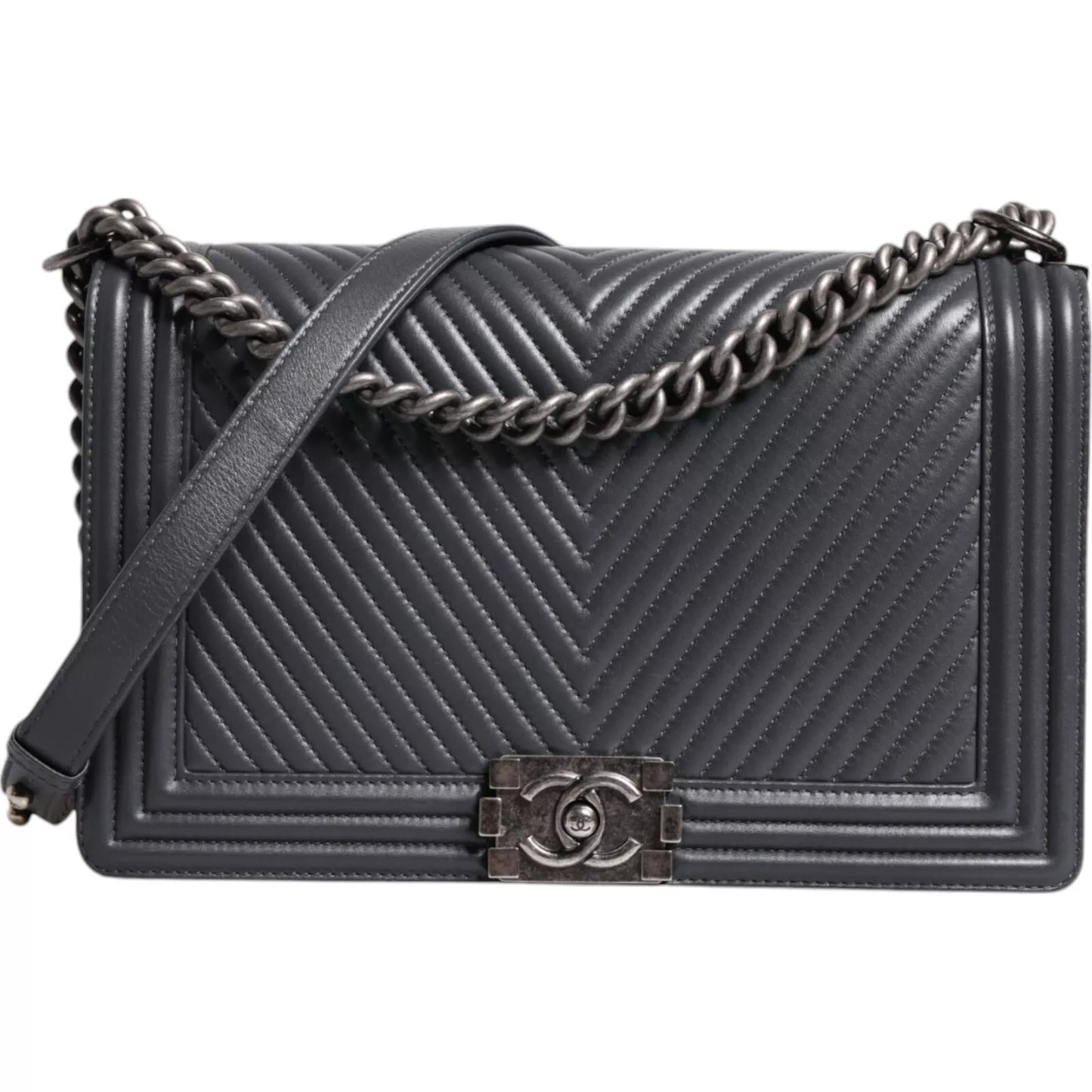 Chanel Gray Large Lambskin Chevron Double Chain Shoulder Silver Leather Bag