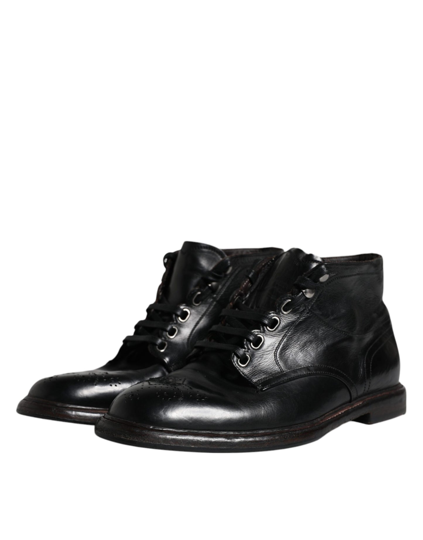 Dolce & Gabbana Black Leather Men Short Boots Lace Up Shoes