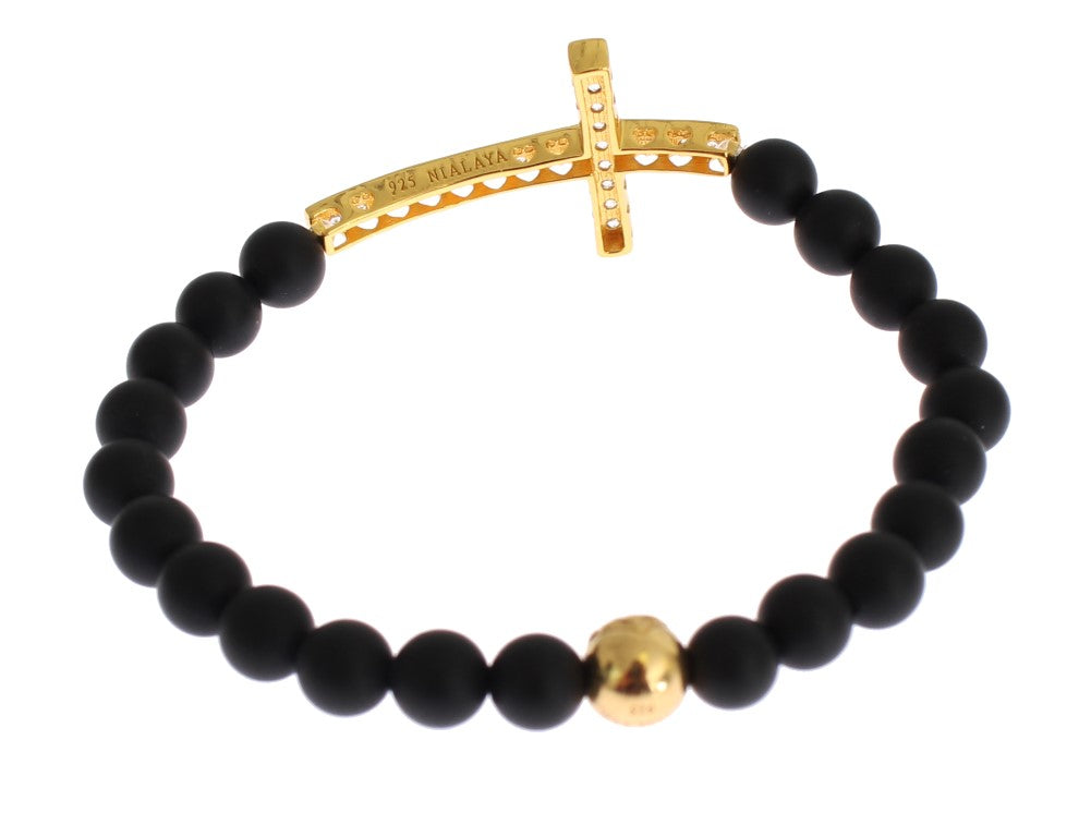 Nialaya Chic Matte Onyx Perle & CZ Diamant Kreuz-Armband