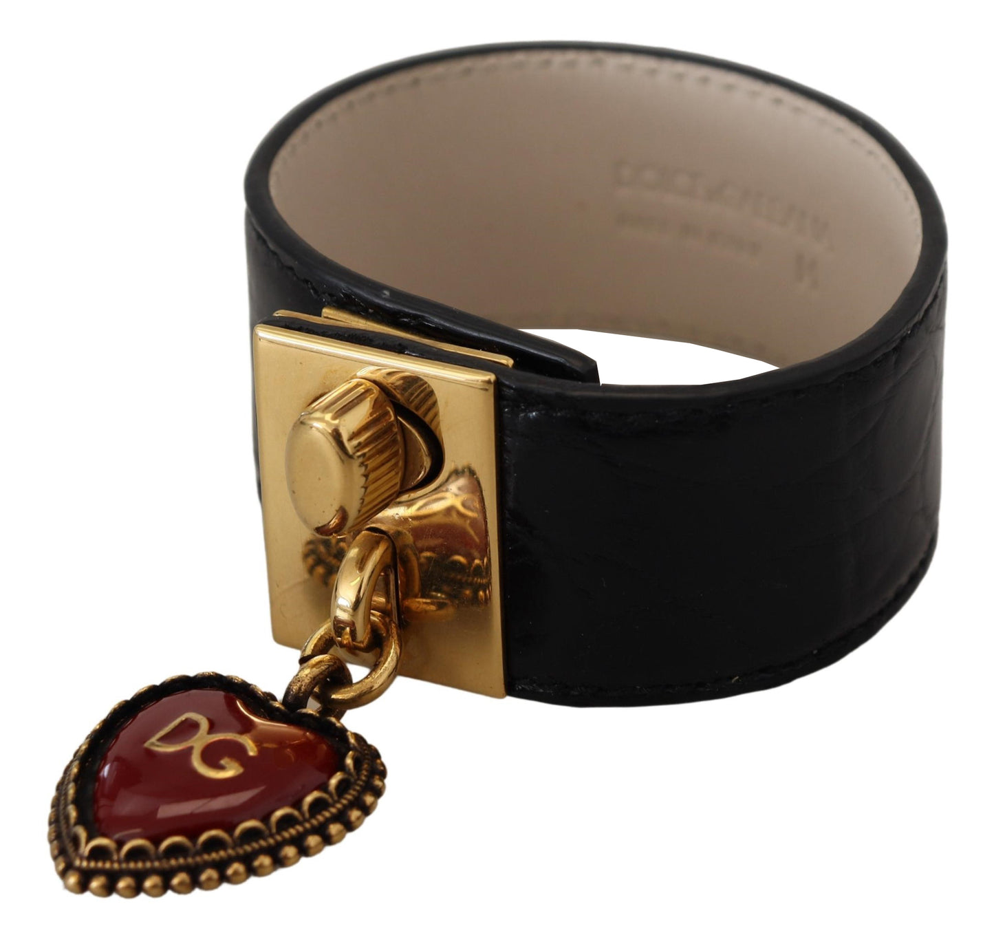 Dolce & Gabbana Elegantes schwarzes Lederarmband mit goldenen Details