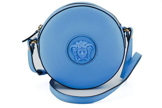 Versace Schicke runde Umhängetasche aus blauem Leder