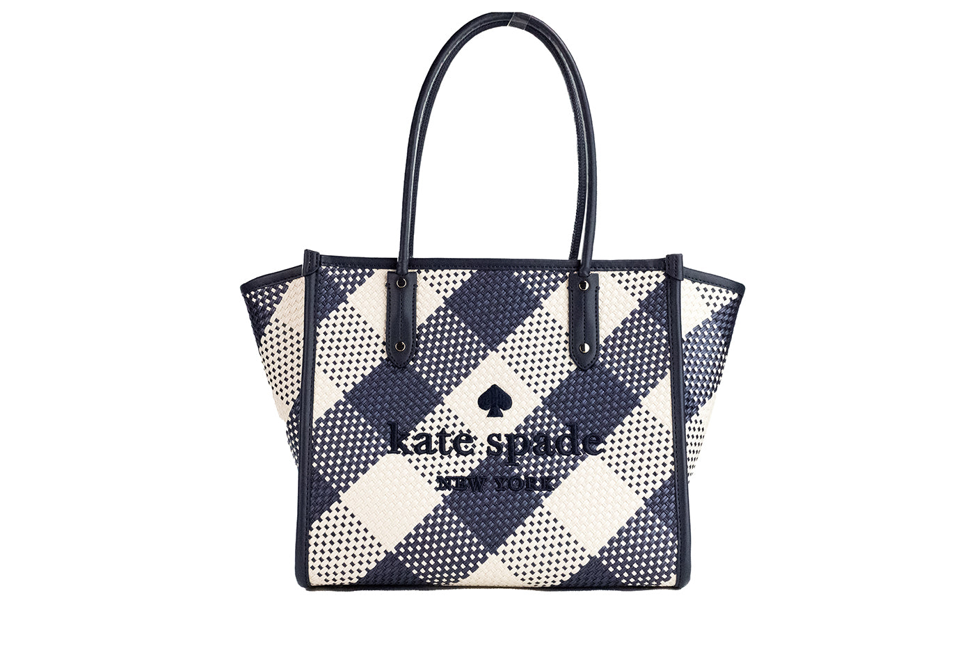 Kate Spade Ella Gingham Blazer Blau Übergroße gewebte Umhängetasche Handtasche